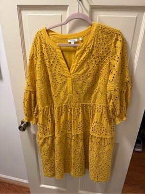 Chico's Yellow Eyelet Tiered Long-Sleeve Dress